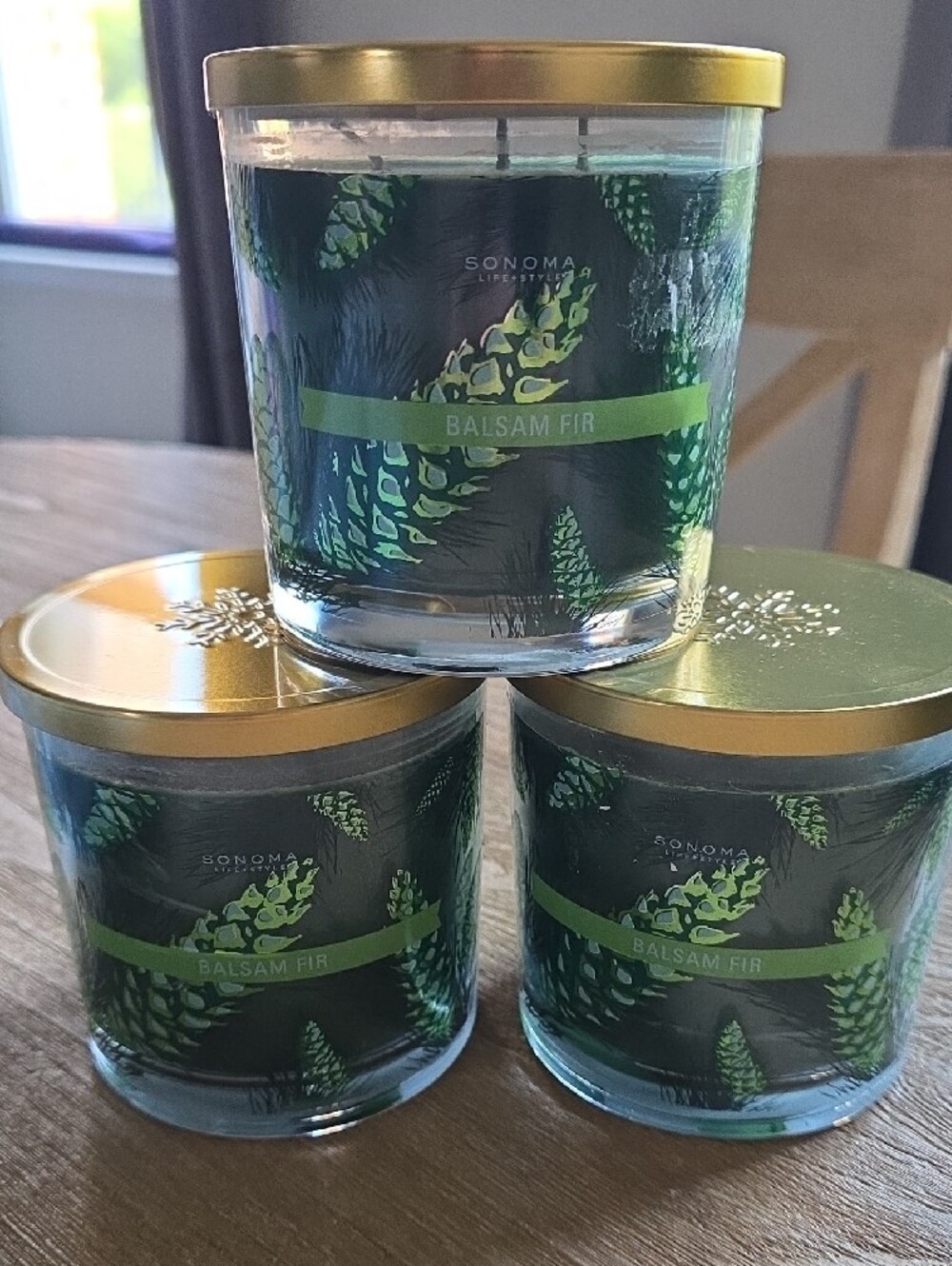 Sonoma Balsam Fir Candle Trio with Green and Gold Accents